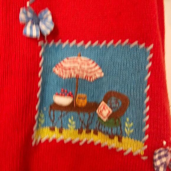 Vintage Granny Cardigan Women Large Shaver Lake Red Picnic Embroidered 3D Preppy - Picture 4 of 10